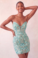 Load image into Gallery viewer, Sparkly Floral Pink Corset Sequin Tight Short Cocktail Dress