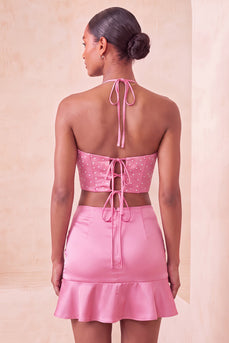 Pink Corset Beaded Ruffled Tight Short Cocktail Dress
