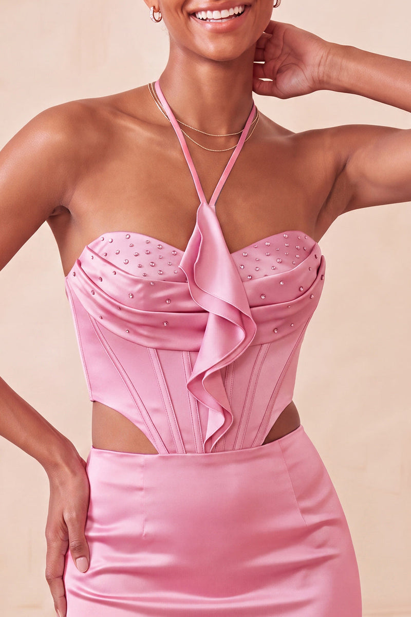 Load image into Gallery viewer, Pink Corset Beaded Ruffled Tight Short Cocktail Dress