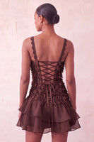 Load image into Gallery viewer, Chocolate Appliqued Ruffled A-Line Short Cocktail Dress with Lace