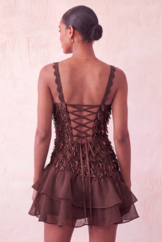Chocolate Appliqued Ruffled A-Line Short Cocktail Dress with Lace