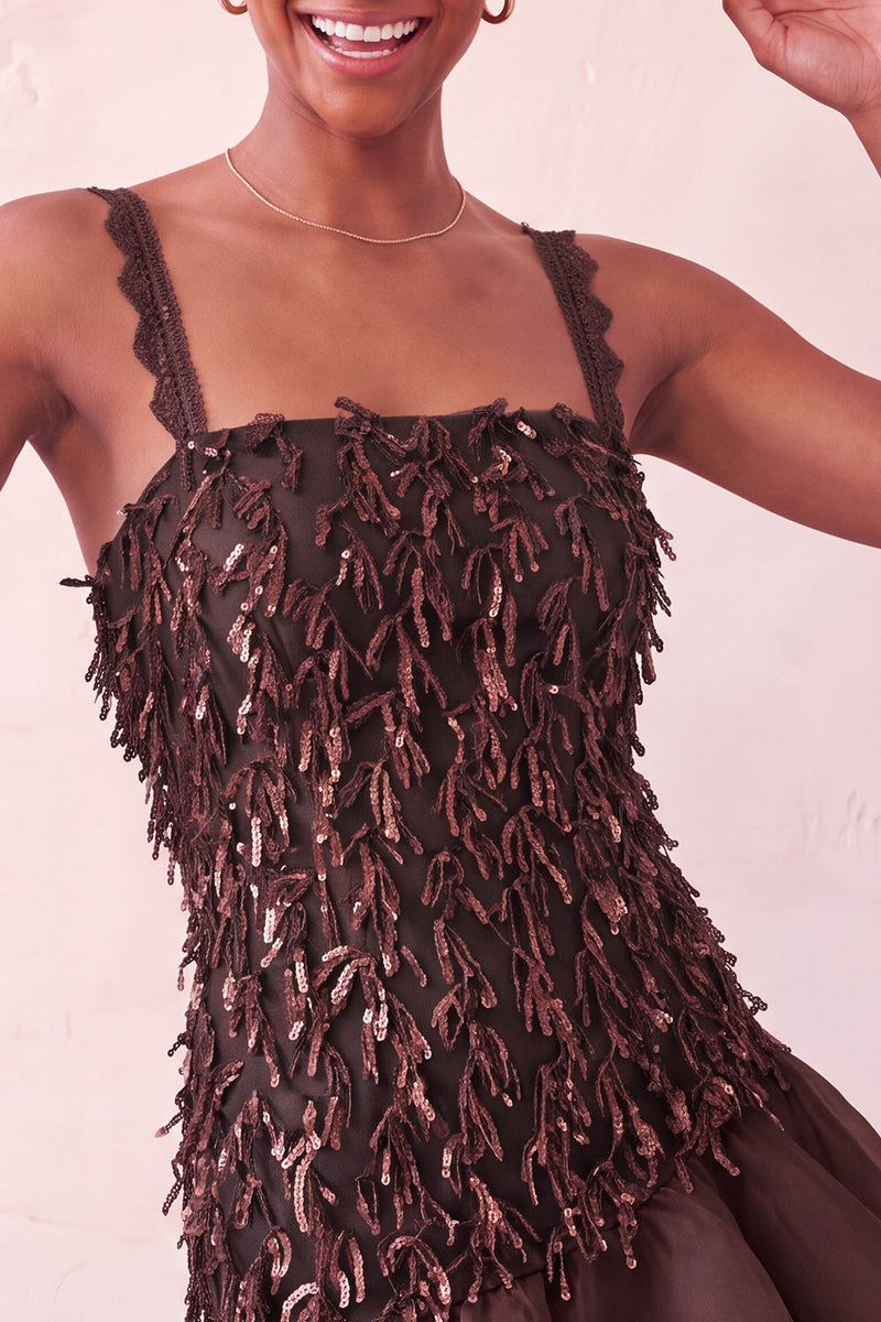 Load image into Gallery viewer, Chocolate Appliqued Ruffled A-Line Short Cocktail Dress with Lace