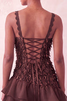 Load image into Gallery viewer, Chocolate Appliqued Ruffled A-Line Short Cocktail Dress with Lace