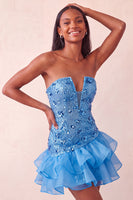 Load image into Gallery viewer, Sparkly Purple Floral Sequin Ruffled Tight Short Cocktail Dress