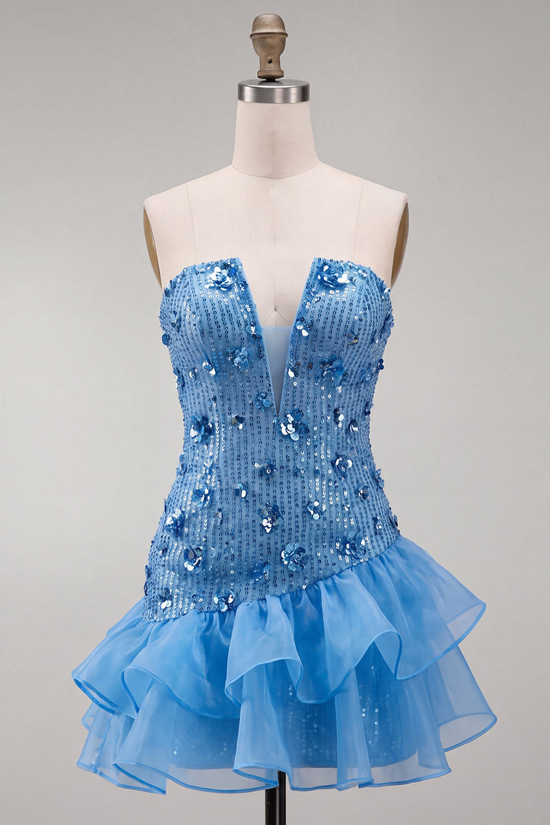 Load image into Gallery viewer, Sparkly Purple Floral Sequin Ruffled Tight Short Cocktail Dress