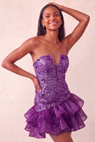Load image into Gallery viewer, Sparkly Purple Floral Sequin Ruffled Tight Short Cocktail Dress