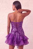Load image into Gallery viewer, Sparkly Purple Floral Sequin Ruffled Tight Short Cocktail Dress