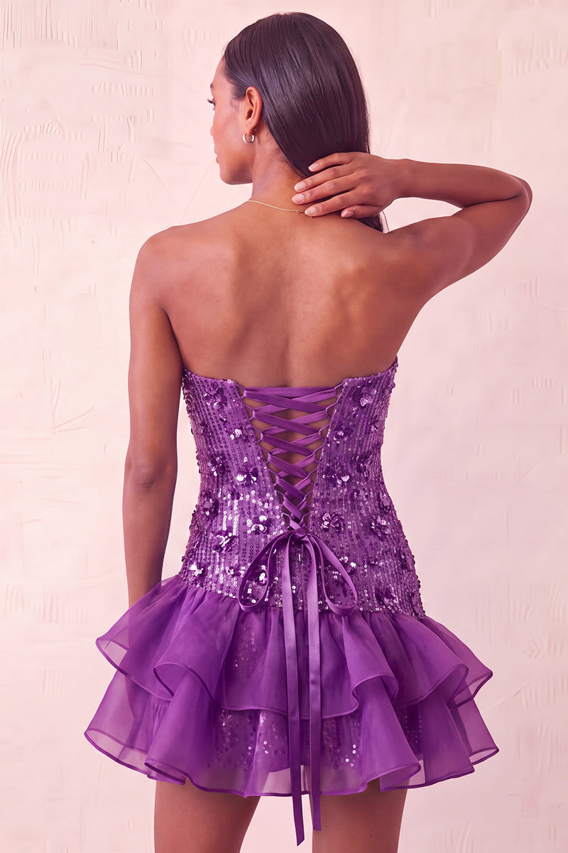 Load image into Gallery viewer, Sparkly Purple Floral Sequin Ruffled Tight Short Cocktail Dress