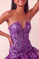 Load image into Gallery viewer, Sparkly Purple Floral Sequin Ruffled Tight Short Cocktail Dress