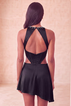 Black Corset Round Neck A-Line Cut Out Short Cocktail Dress
