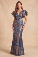 Load image into Gallery viewer, Navy Floral Mermaid V-Neck Long Evening Dress with Slit