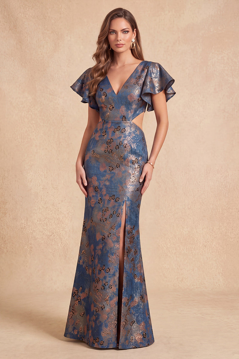 Load image into Gallery viewer, Navy Floral Mermaid V-Neck Long Evening Dress with Slit