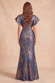 Navy Floral Mermaid V-Neck Long Evening Dress with Slit