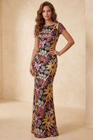 Load image into Gallery viewer, Sparkly Black Floral Sequin Boat Neck Mermaid Long Evening Dress