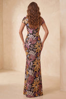 Load image into Gallery viewer, Sparkly Black Floral Sequin Boat Neck Mermaid Long Evening Dress