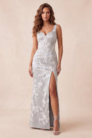 Load image into Gallery viewer, Sparkly Light Grey Floral Beaded Mermaid Long Evening Dress with Slit