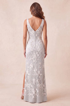 Sparkly Light Grey Floral Beaded Mermaid Long Evening Dress with Slit