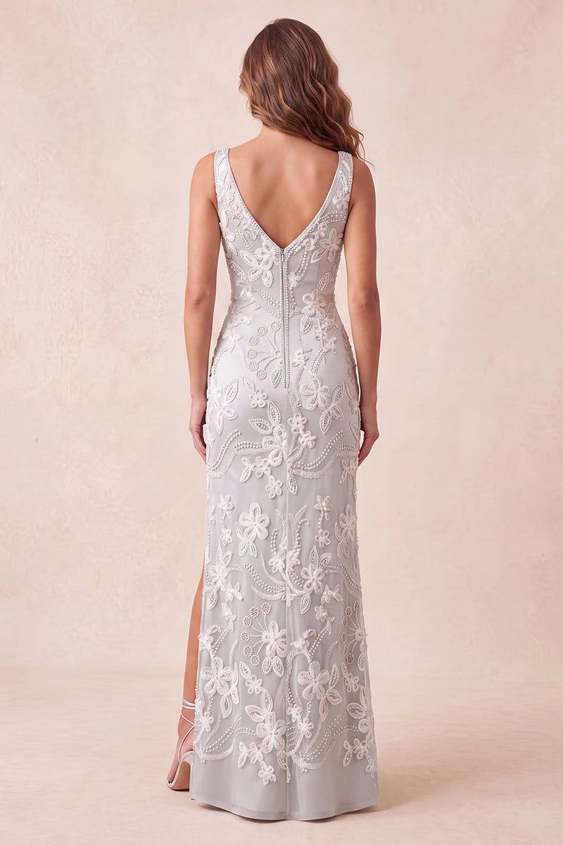 Load image into Gallery viewer, Sparkly Light Grey Floral Beaded Mermaid Long Evening Dress with Slit