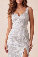 Load image into Gallery viewer, Sparkly Light Grey Floral Beaded Mermaid Long Evening Dress with Slit