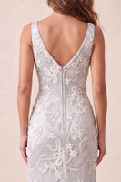 Load image into Gallery viewer, Sparkly Light Grey Floral Beaded Mermaid Long Evening Dress with Slit
