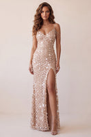Load image into Gallery viewer, Sparkly Champagne Floral Sequin Mermaid Long Evening Dress with Slit