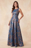 Load image into Gallery viewer, Navy Floral A-Line Boat Neck Ruched Long Wedding Guest Dress