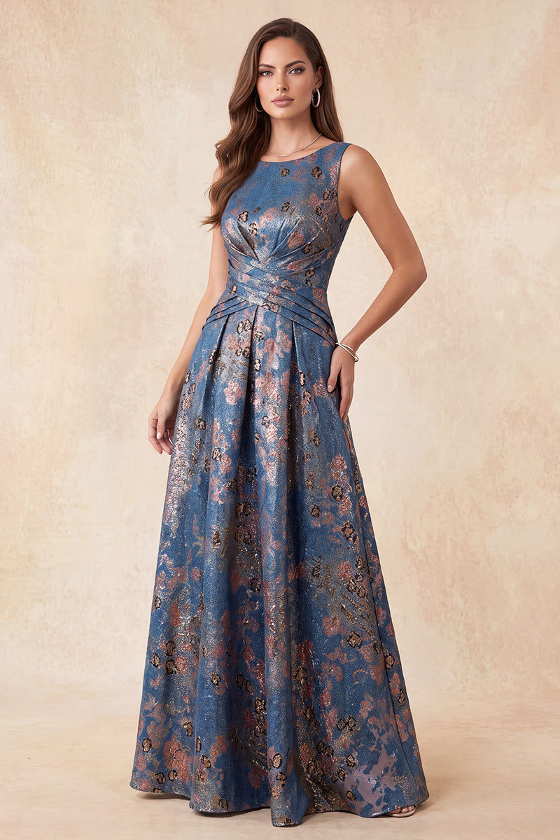 Load image into Gallery viewer, Navy Floral A-Line Boat Neck Ruched Long Wedding Guest Dress