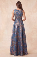 Load image into Gallery viewer, Navy Floral A-Line Boat Neck Ruched Long Wedding Guest Dress