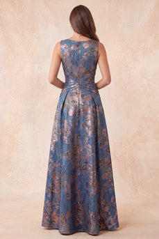 Navy Floral A-Line Boat Neck Ruched Long Wedding Guest Dress