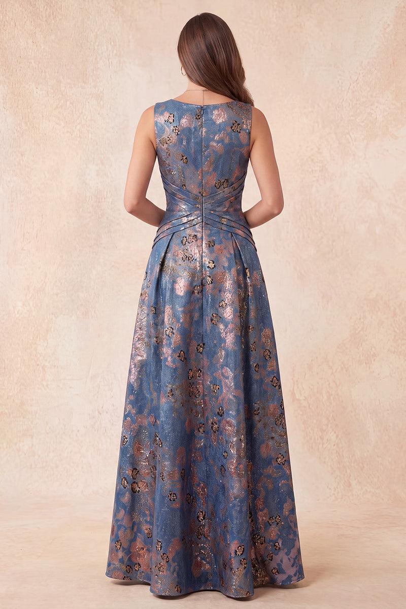 Load image into Gallery viewer, Navy Floral A-Line Boat Neck Ruched Long Wedding Guest Dress