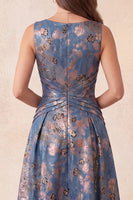 Load image into Gallery viewer, Navy Floral A-Line Boat Neck Ruched Long Wedding Guest Dress