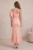 Load image into Gallery viewer, Peach Sparkly Mermaid Sequin One Shoulder Long Wedding Guest Dress