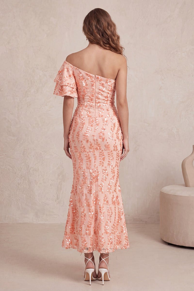 Load image into Gallery viewer, Peach Sparkly Mermaid Sequin One Shoulder Long Wedding Guest Dress