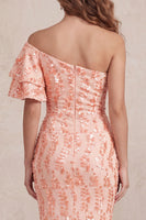 Load image into Gallery viewer, Peach Sparkly Mermaid Sequin One Shoulder Long Wedding Guest Dress