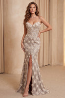 Load image into Gallery viewer, Floral Champagne Sparkly Sequin Mermaid Long Evening Dress with Slit