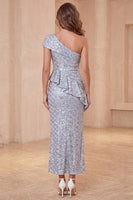 Load image into Gallery viewer, Dusty Blue Sparkly Mermaid Ruffled Sequin Long Evening Dress with Slit
