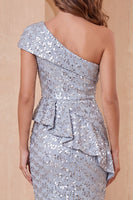 Load image into Gallery viewer, Dusty Blue Sparkly Mermaid Ruffled Sequin Long Evening Dress with Slit