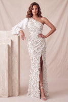 Load image into Gallery viewer, Floral Sparkly Light Grey Mermaid Flutter Sleeve Long Evening Dress with Slit