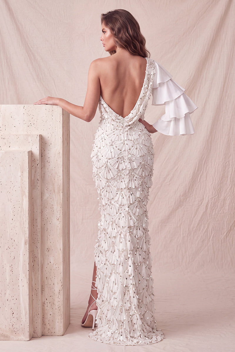 Load image into Gallery viewer, Floral Sparkly Light Grey Mermaid Flutter Sleeve Long Evening Dress with Slit