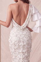 Load image into Gallery viewer, Floral Sparkly Light Grey Mermaid Flutter Sleeve Long Evening Dress with Slit