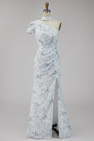 Load image into Gallery viewer, Floral Lilac Mermaid One Shoulder Long Wedding Guest Dress with Slit