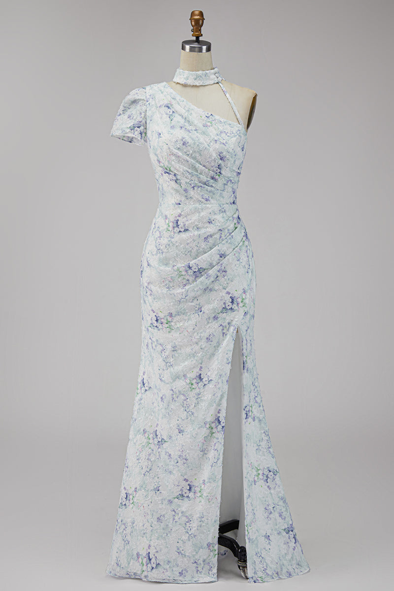 Load image into Gallery viewer, Floral Lilac Mermaid One Shoulder Long Wedding Guest Dress with Slit