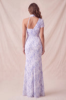 Load image into Gallery viewer, Floral Lilac Mermaid One Shoulder Long Wedding Guest Dress with Slit