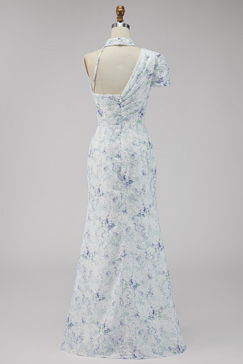 Load image into Gallery viewer, Floral Lilac Mermaid One Shoulder Long Wedding Guest Dress with Slit