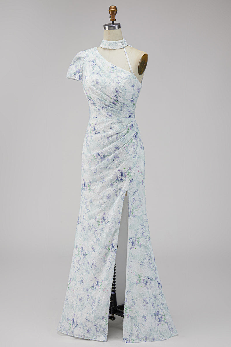 Load image into Gallery viewer, Floral Lilac Mermaid One Shoulder Long Wedding Guest Dress with Slit