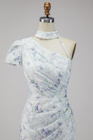 Load image into Gallery viewer, Floral Lilac Mermaid One Shoulder Long Wedding Guest Dress with Slit