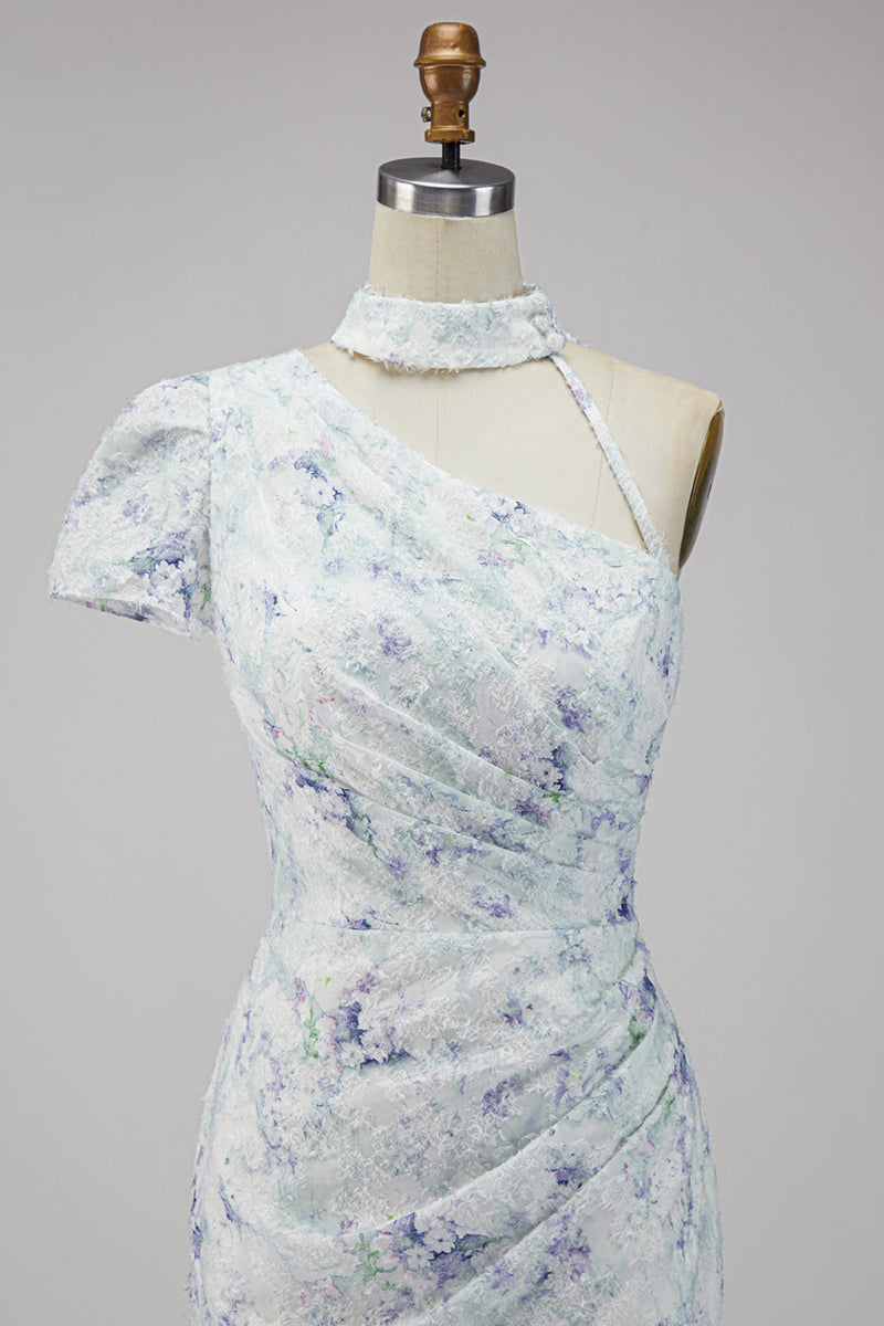 Load image into Gallery viewer, Floral Lilac Mermaid One Shoulder Long Wedding Guest Dress with Slit