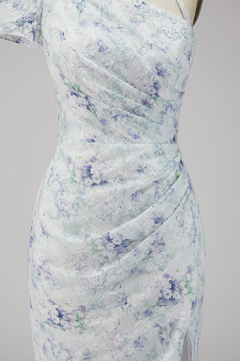 Load image into Gallery viewer, Floral Lilac Mermaid One Shoulder Long Wedding Guest Dress with Slit