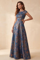 Load image into Gallery viewer, Floral Navy A-Line Boat Neck Cut Out Long Wedding Guest Dress