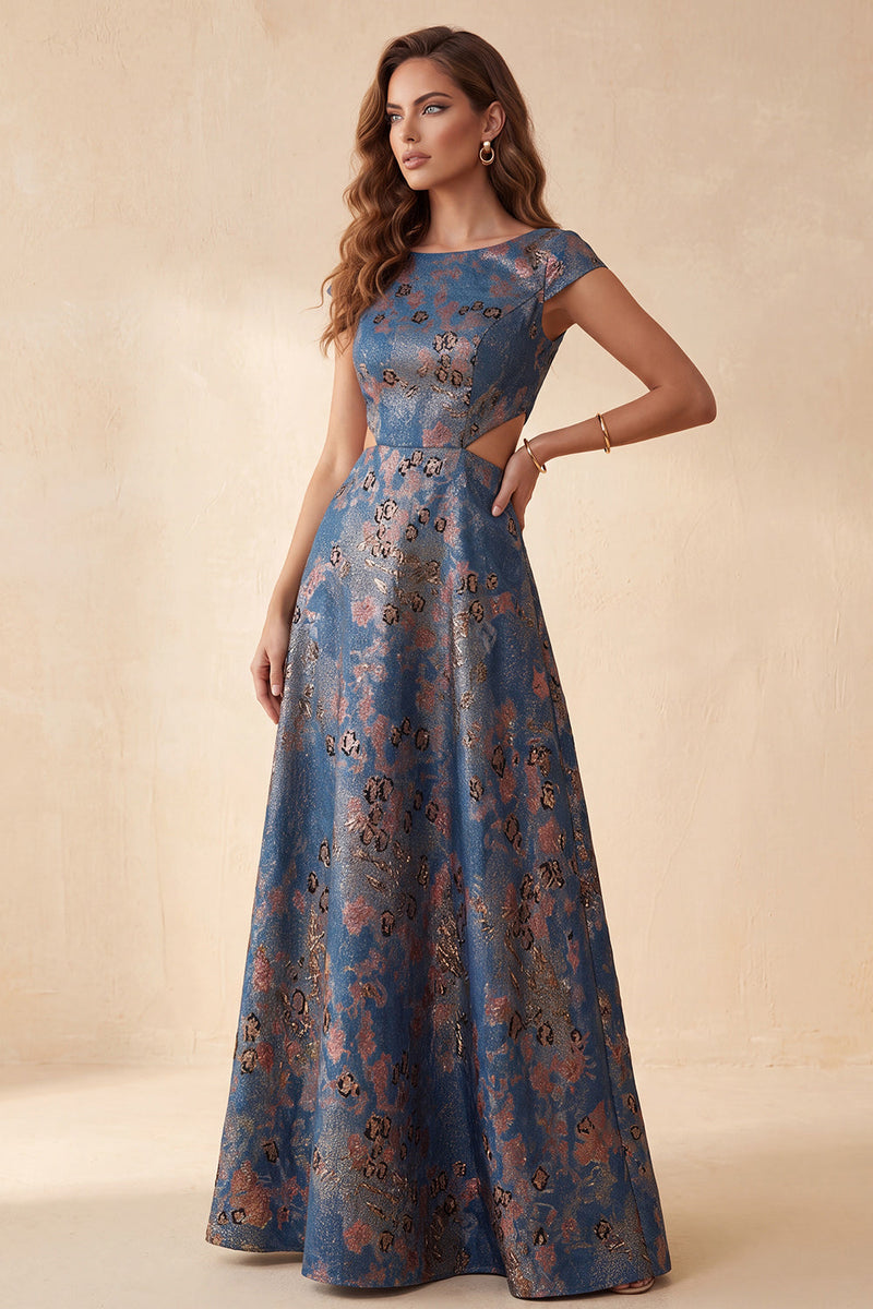 Load image into Gallery viewer, Floral Navy A-Line Boat Neck Cut Out Long Wedding Guest Dress
